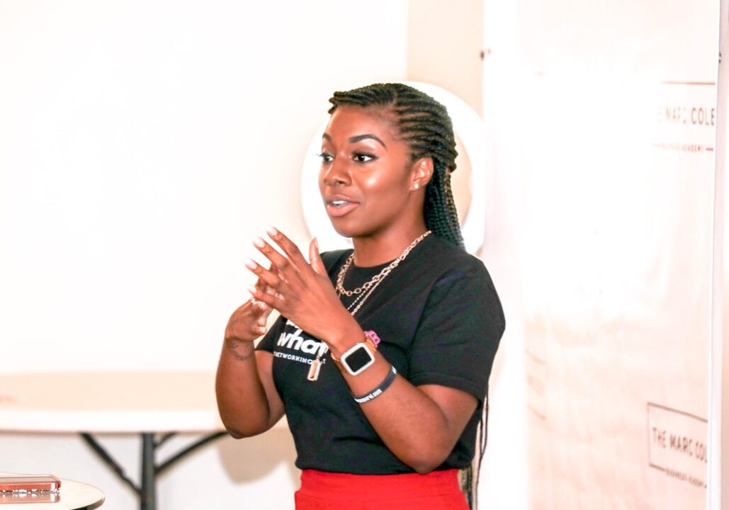 Stock photo of a volunteer presenting